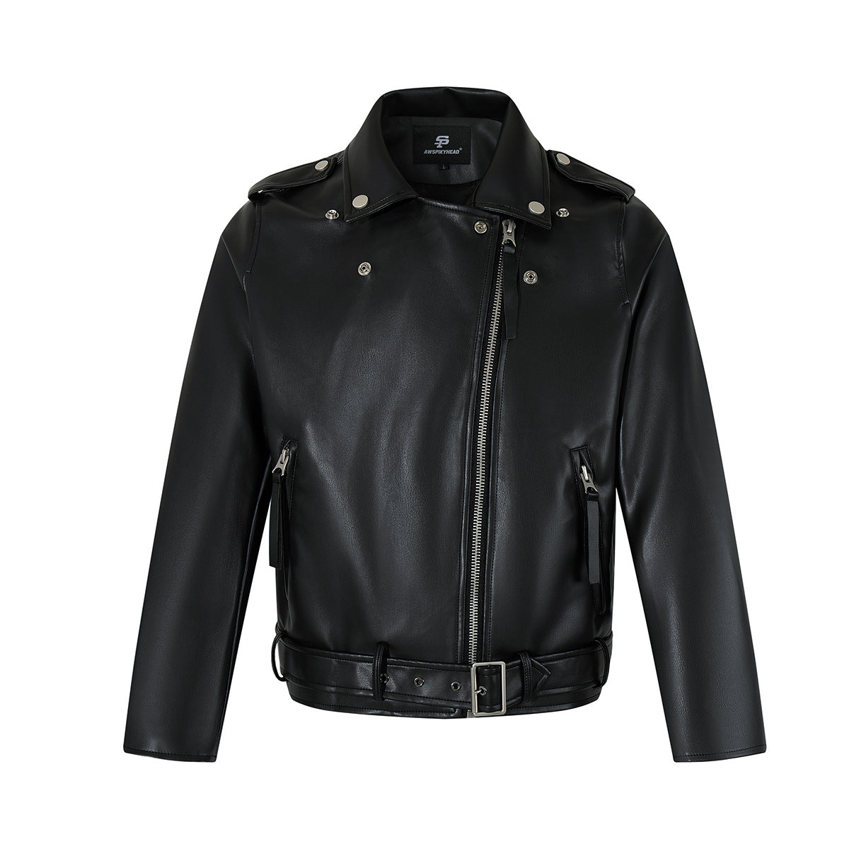 Zip-Up Belted Metal Buckle PU Leather Jacket WN23082