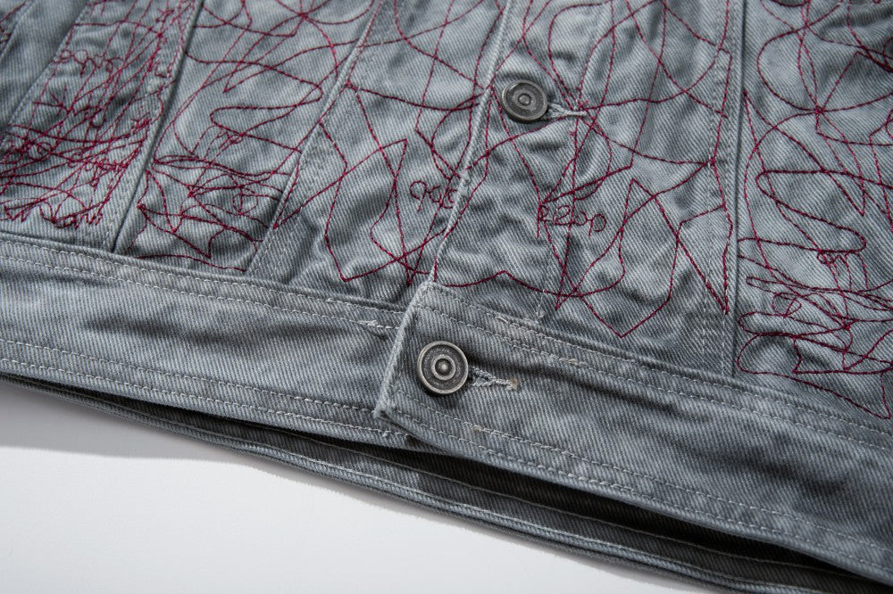 All-Over Random Stitch Embroidery Oversize Denim Jacket WN27865