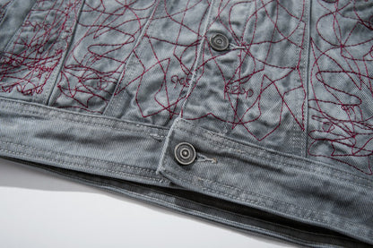 All-Over Random Stitch Embroidery Oversize Denim Jacket WN27865