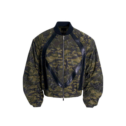 Camouflage Patchwork Leather Jacket & Cargo Pants Setup WN11726