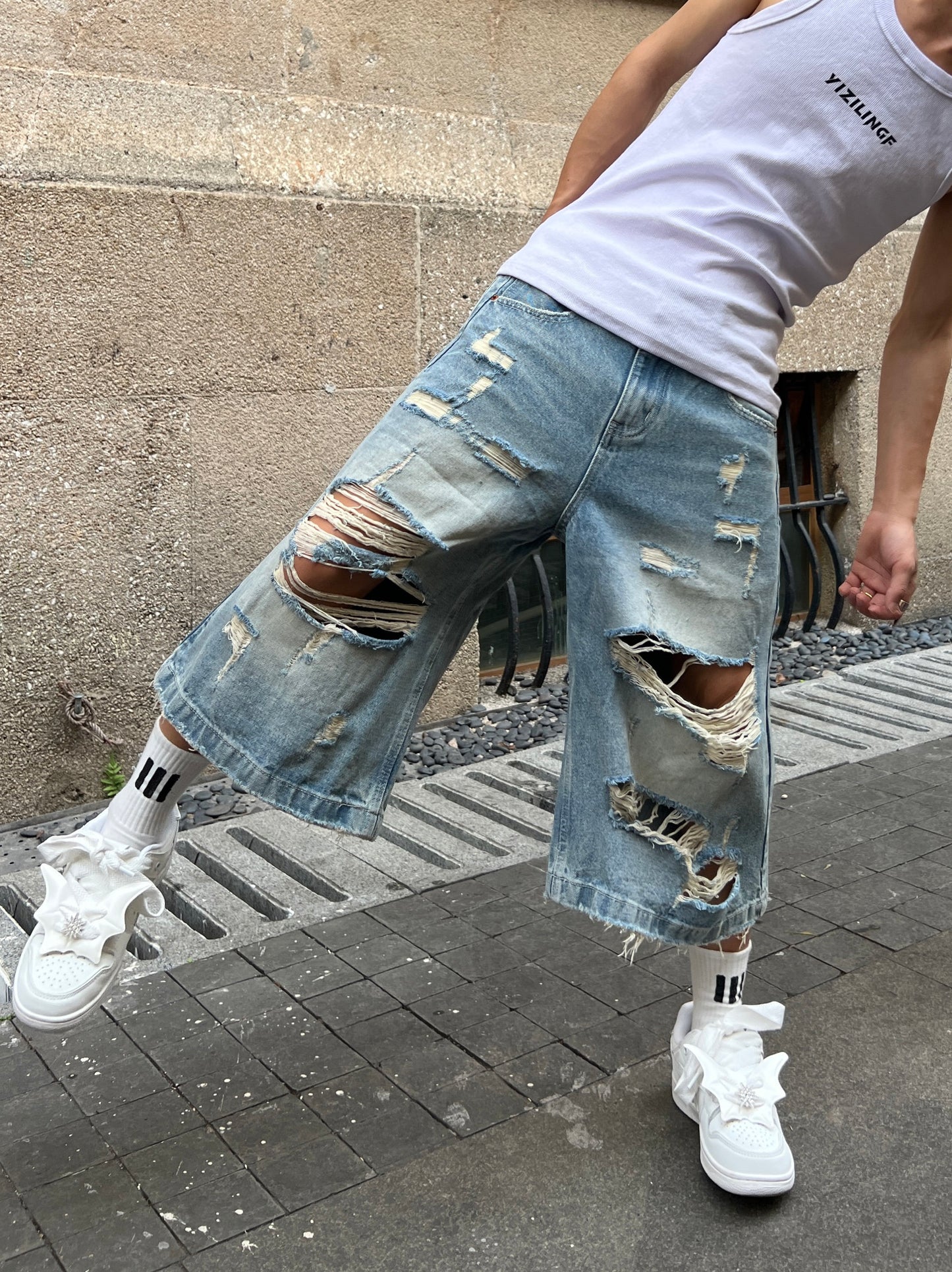 Damage Washed Wide Leg Denim Half Jeans WN24113