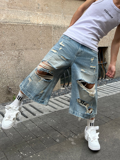 Damage Washed Wide Leg Denim Half Jeans WN24113