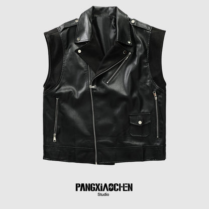 PU Leather Zipper Design Sleeveless Vest Jacket WN20196