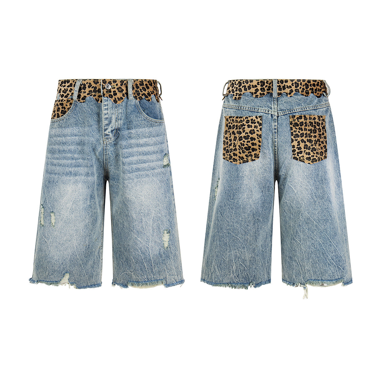 Leopard Print Damage Half Denim Jeans WN25462