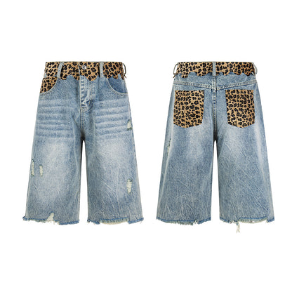 Leopard Print Damage Half Denim Jeans WN25462