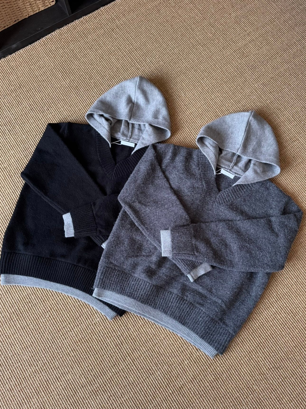 Fake Layered V-Neck Drop Shoulder Hooded Oversize Knit Sweater WN23186