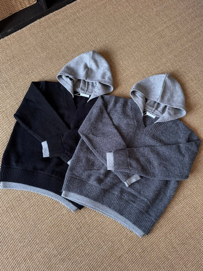 Fake Layered V-Neck Drop Shoulder Hooded Oversize Knit Sweater WN23186