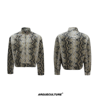 Snake Texture Gem Embellished Standing-Collar PU Leather Short Jacket WN21685