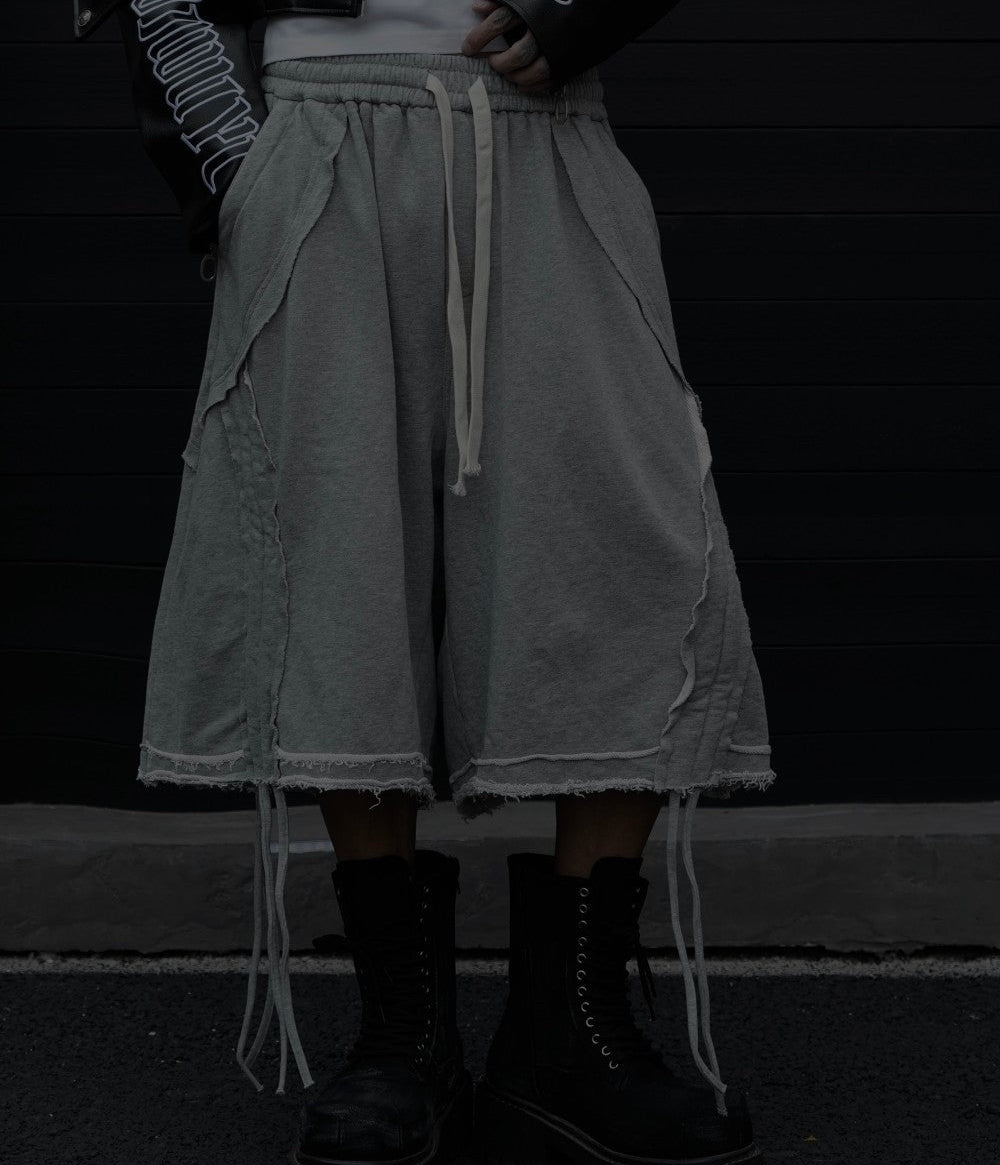 Heavyweight Washed Frayed Strap Wide Leg Half Pants WN27876