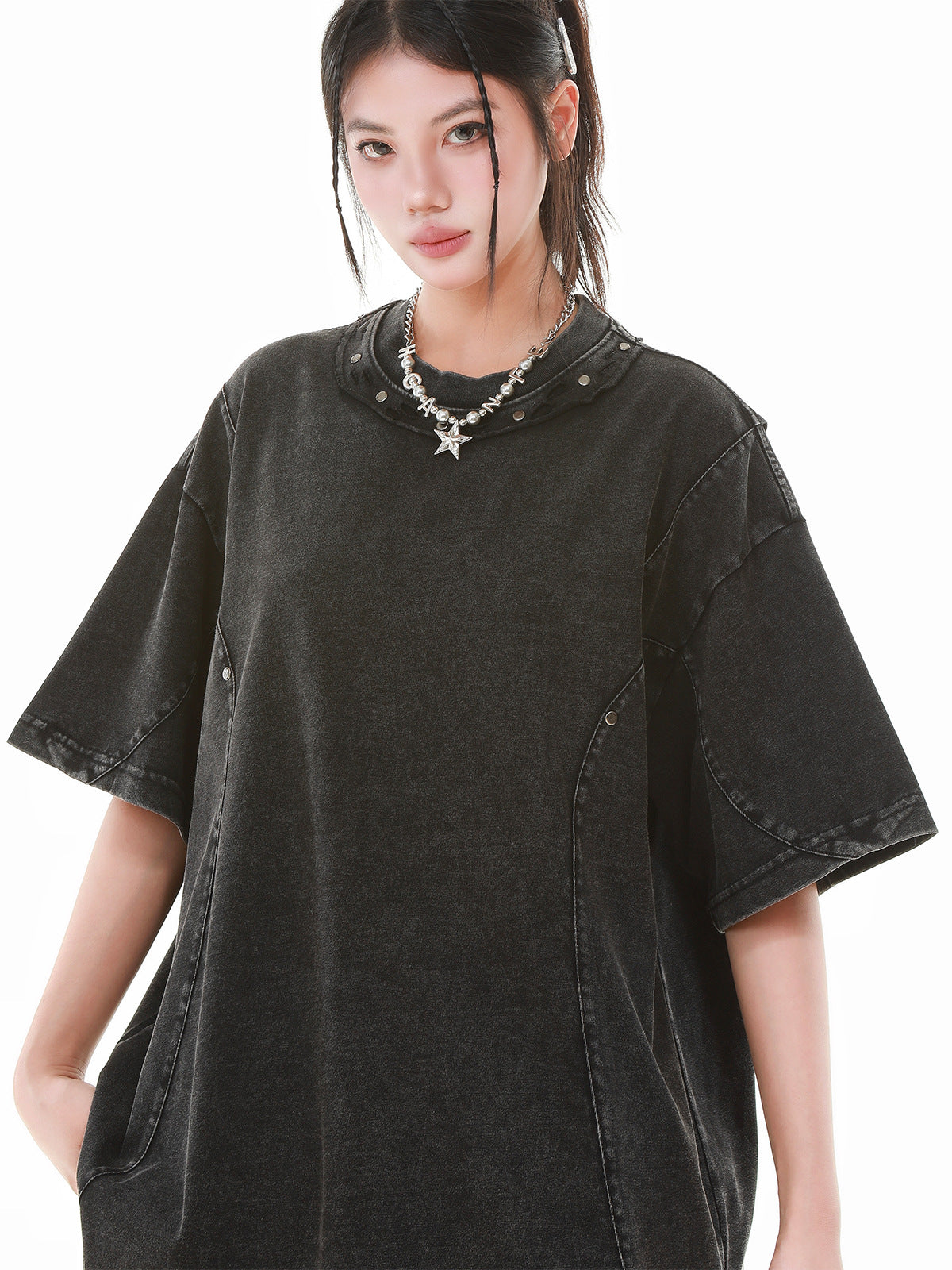 Heavy Washed Fade Stitching Short Sleeve T-Shirt WN25671