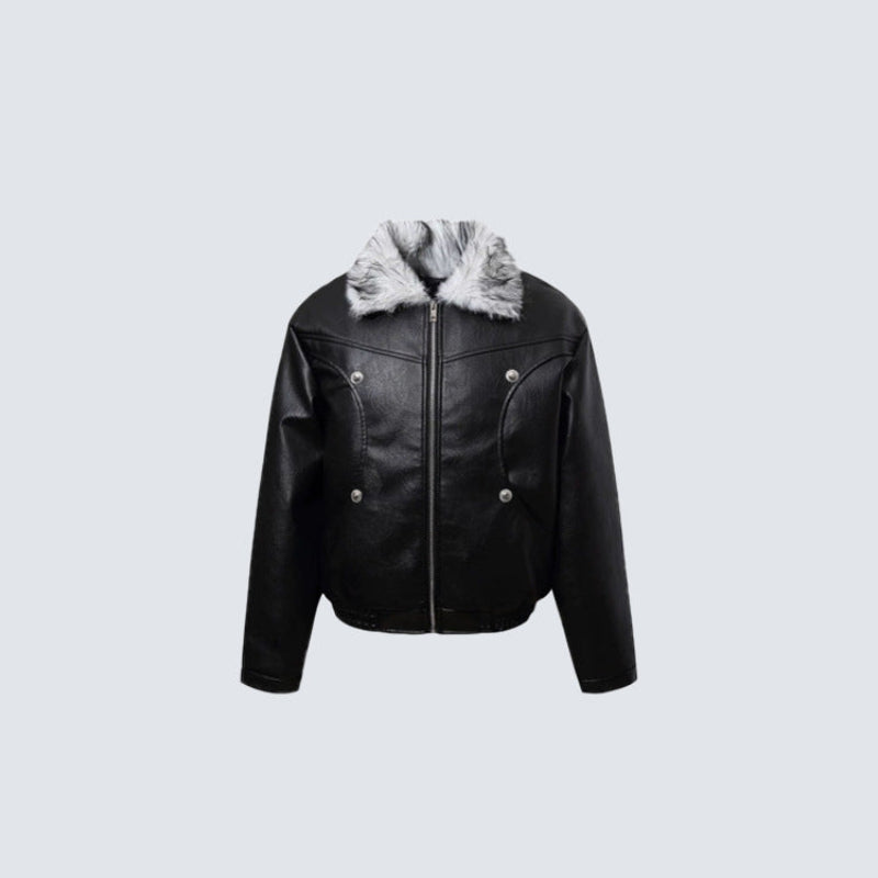 Fake Fur Collar Studs Detail PU Leather Jacket WN28095