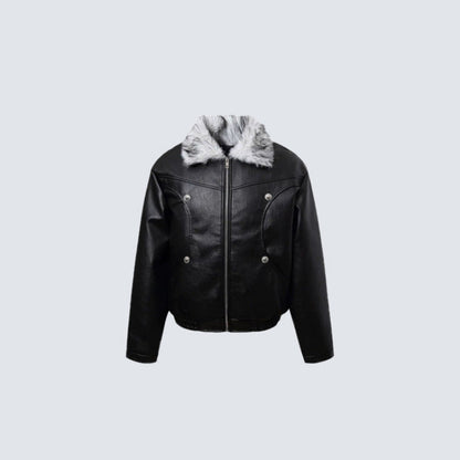 Fake Fur Collar Studs Detail PU Leather Jacket WN28095