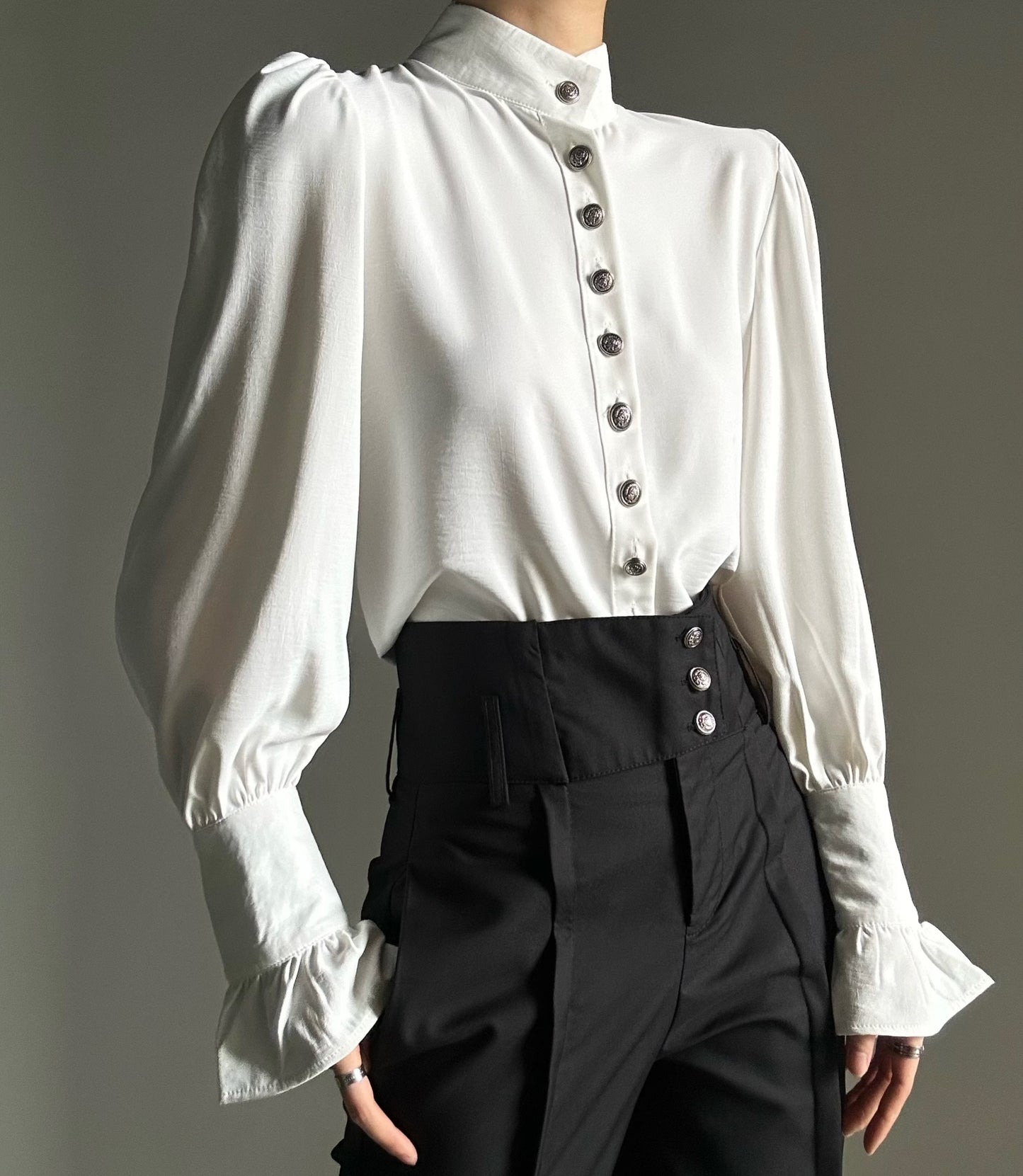 Standing-Collar Drape Design Long Sleeve Shirt WN23121