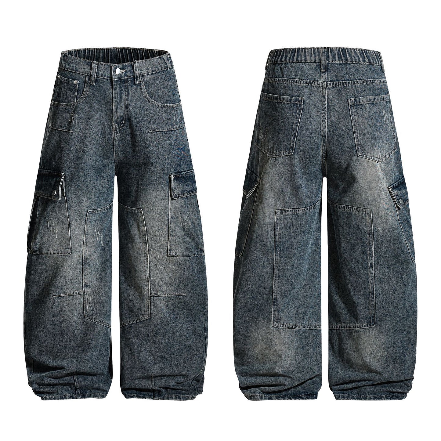 Washed Damage Multi-Pocket Curved Leg Denim Jeans WN26807