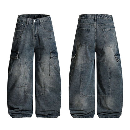 Washed Damage Multi-Pocket Curved Leg Denim Jeans WN26807