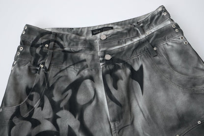 Washed Graffiti Dirty-Dye Denim Half Pants WN25741