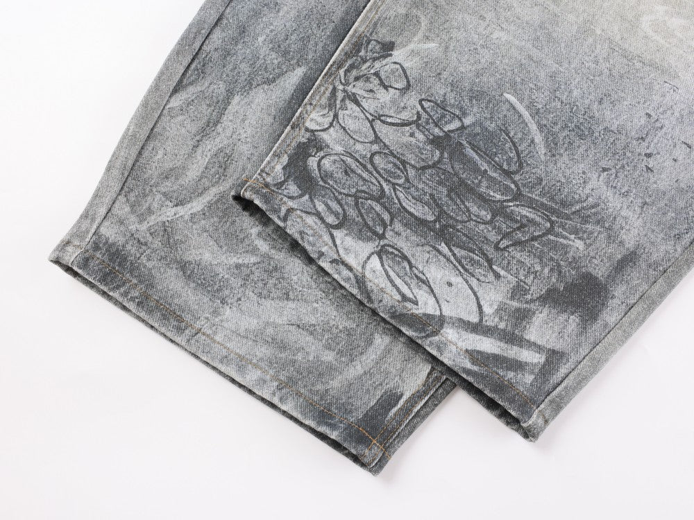 Print Graffiti Wide Leg Denim Jeans WN27844
