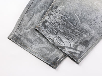 Print Graffiti Wide Leg Denim Jeans WN27844