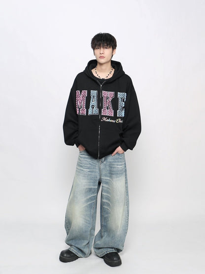 Letter Pearl Embroidery Zipper Hoodie WN24453