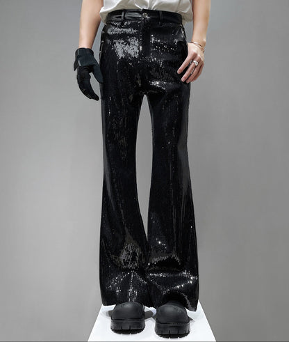 Sequin Patchwork PU Leather Wide Leg Pants WN23918