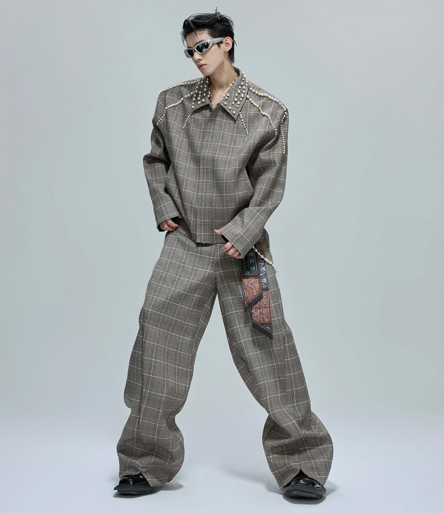 Pearl Houndstooth Lapel Short Jacket & Trousers Setup WN21759