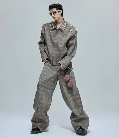 Pearl Houndstooth Lapel Short Jacket & Trousers Setup WN21759