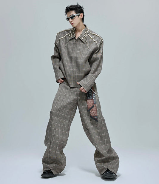 Pearl Houndstooth Lapel Short Jacket & Trousers Setup WN21759