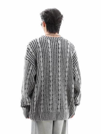 Cable Stripe Round Neck Oversize Knit Sweater WN10275