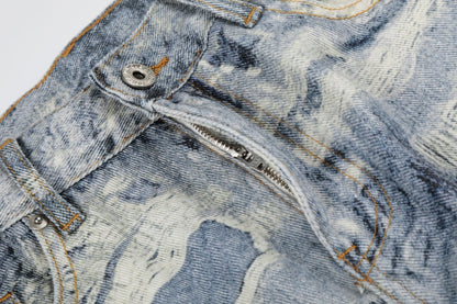 3D Print Damage Washed Wide Leg Denim Jeans WN27953