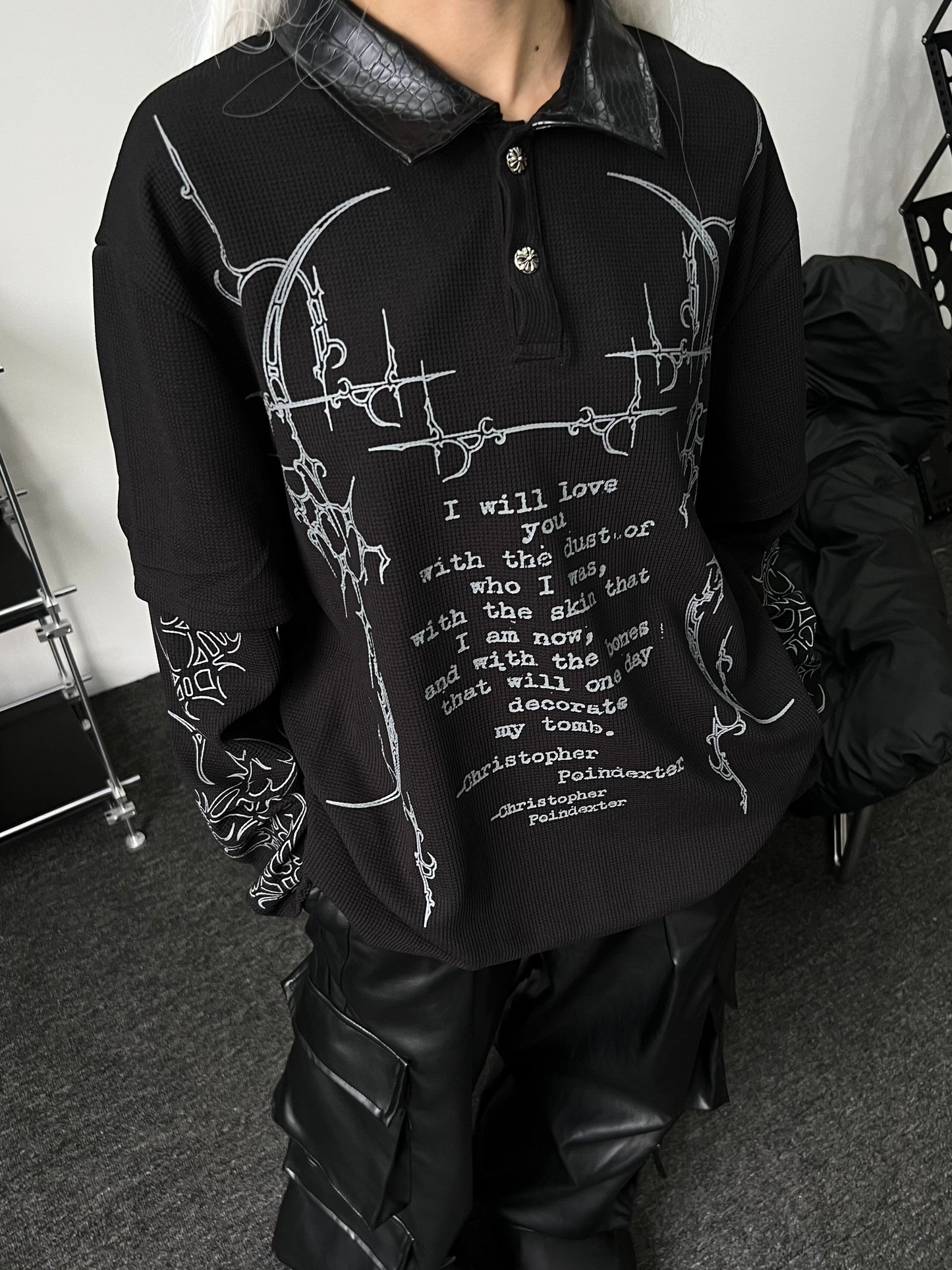 Dark Print Fake Layered Waffle Long Sleeve Polo T-Shirt WN24207