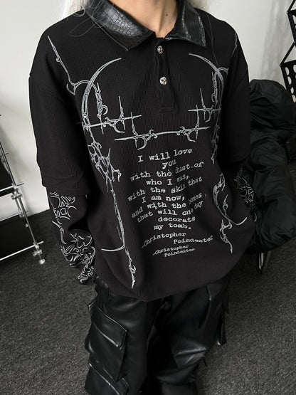 Dark Print Fake Layered Waffle Long Sleeve Polo T-Shirt WN24207