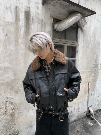 Fake Fur-Collar PU Leather Short Padded Jacket WN22205