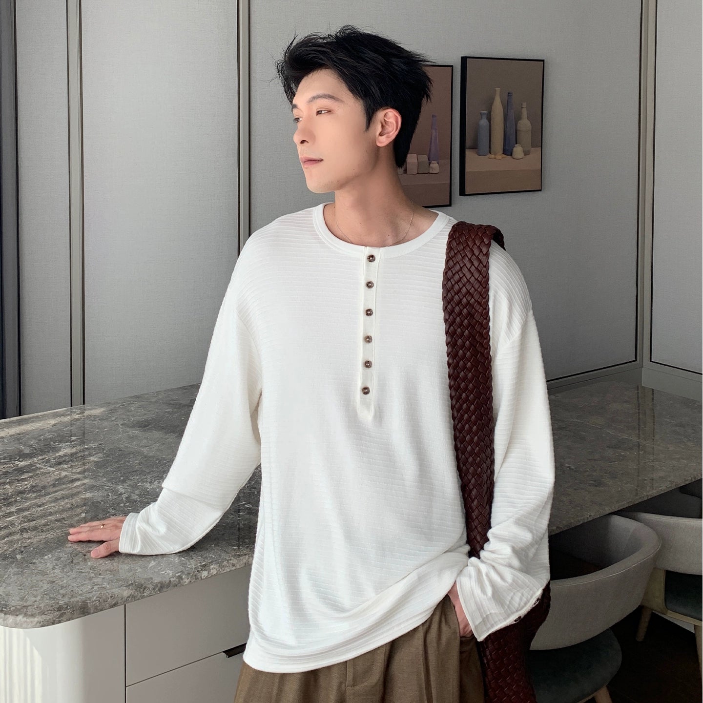 Wrinkle-Free Henry Neck Long Sleeve T-Shirt WN20476