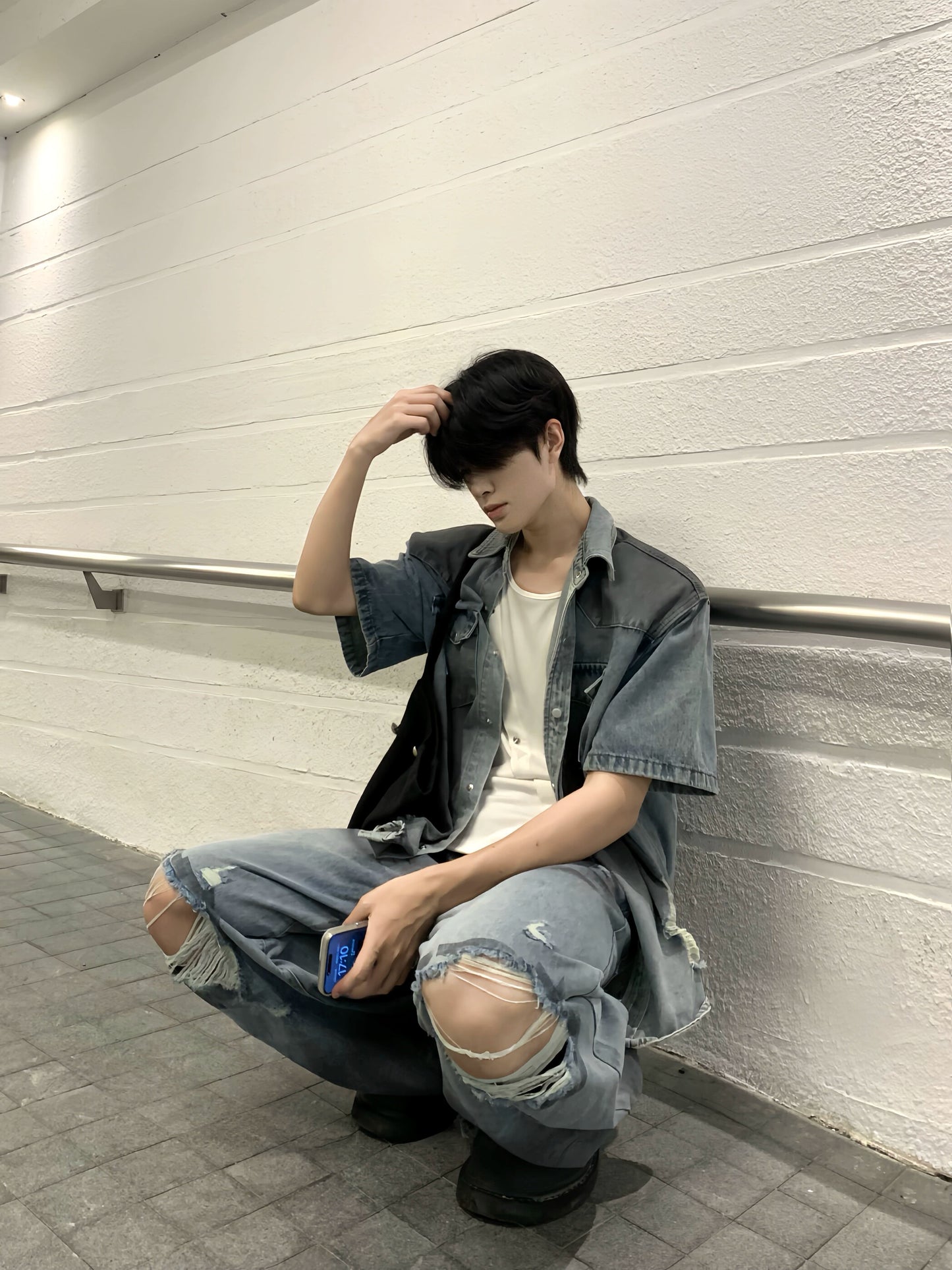 Washed Damage Deconstructed  Denim Jacket &  Damage Wide Leg Denim Jeans Setup WN19814