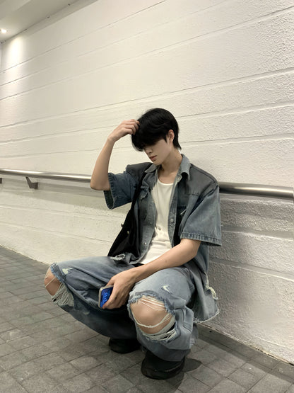 Washed Damage Deconstructed  Denim Jacket &  Damage Wide Leg Denim Jeans Setup WN19814