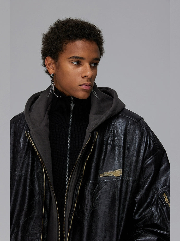 Fake Layered Wrinkle Texture Hooded PU Leather Puffer Jacket WN17882