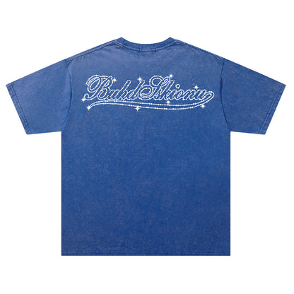 Washed Rhinestone Ornament Short Sleeve T-Shirt WN26746
