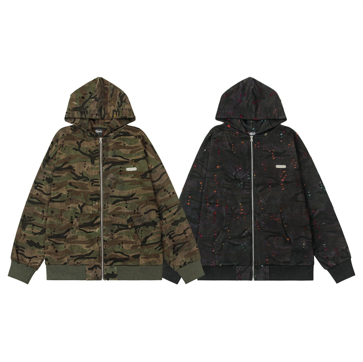 Washed Damage Camouflage Zipper Hoodie WN11130