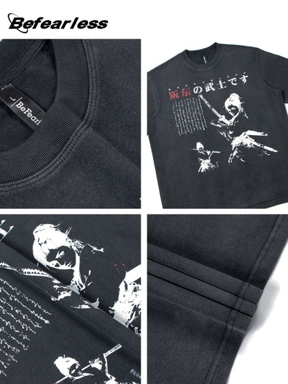 Washed Samurai Print Oversize Short Sleeve T-Shirt WN26400