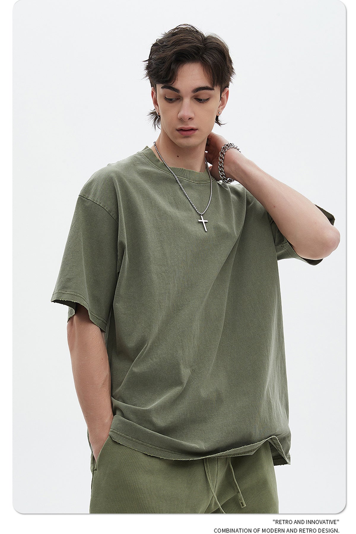 Washed Dyed Oversize Damage Short-sleeve T-shirt & Short Sweatpants Setup WN6630