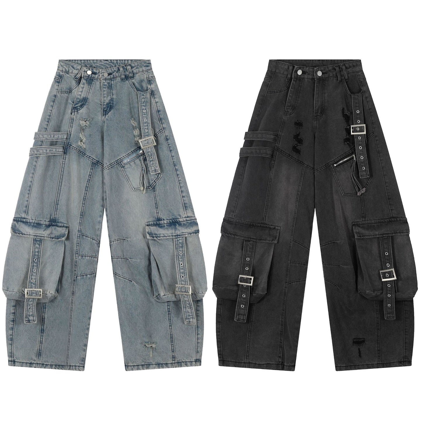 Washed Curved Multi Pocket Wide Leg Cargo Denim Jeans WN25736