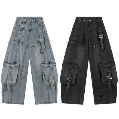 Washed Curved Multi Pocket Wide Leg Cargo Denim Jeans WN25736