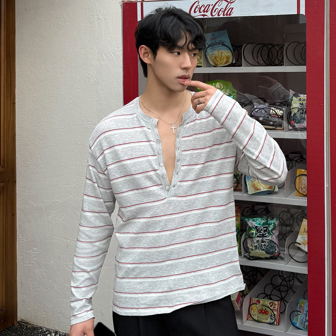 Striped Contrast-Color Knit Long Sleeve Shirt WN24958