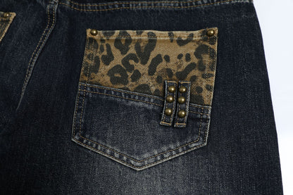 Fake Layered Leopard Print Wide Leg Denim Jeans WN26148