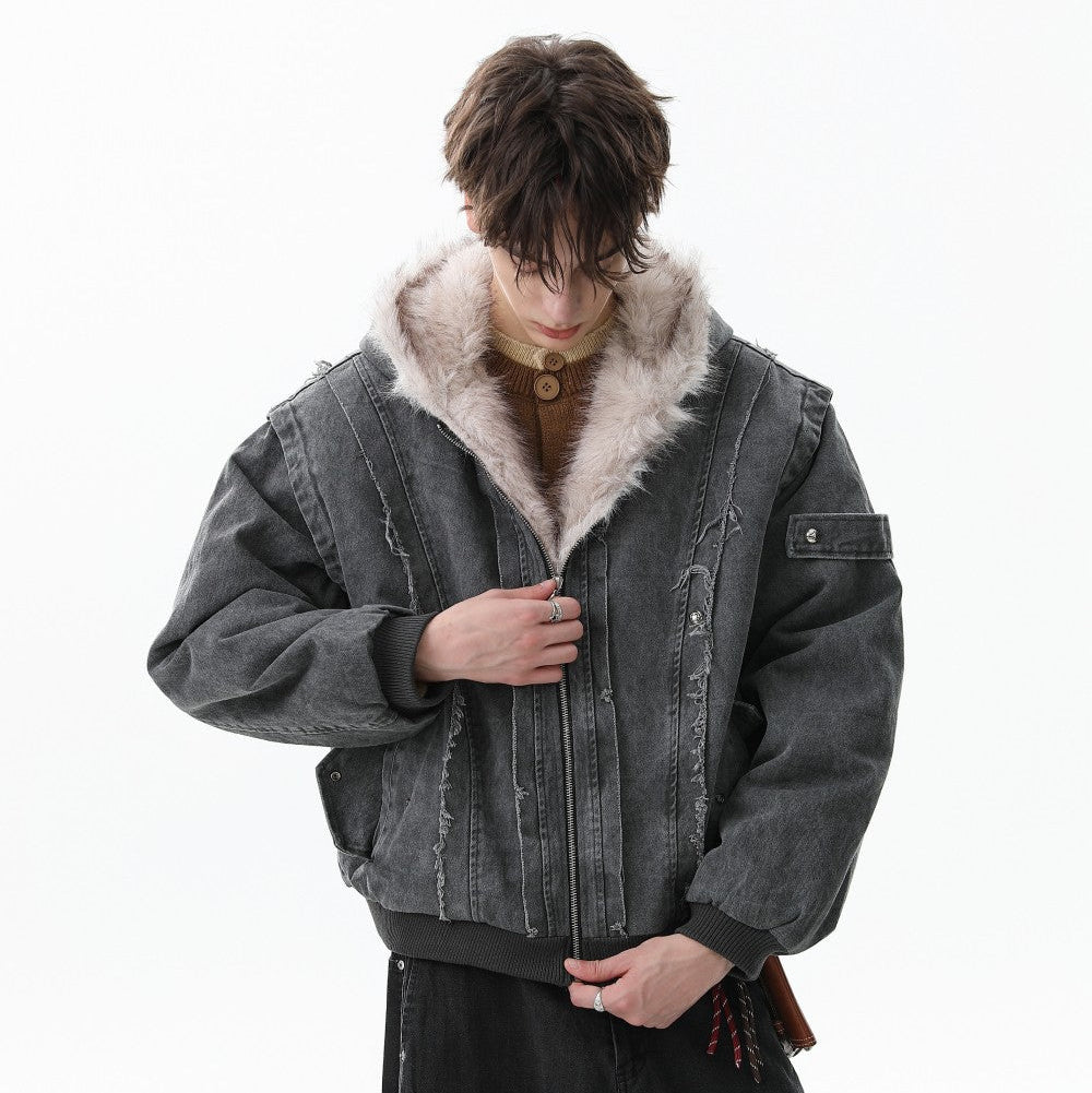 Fake Fur Collar Hooded Washed Canvas Puffer Jacket WN27836