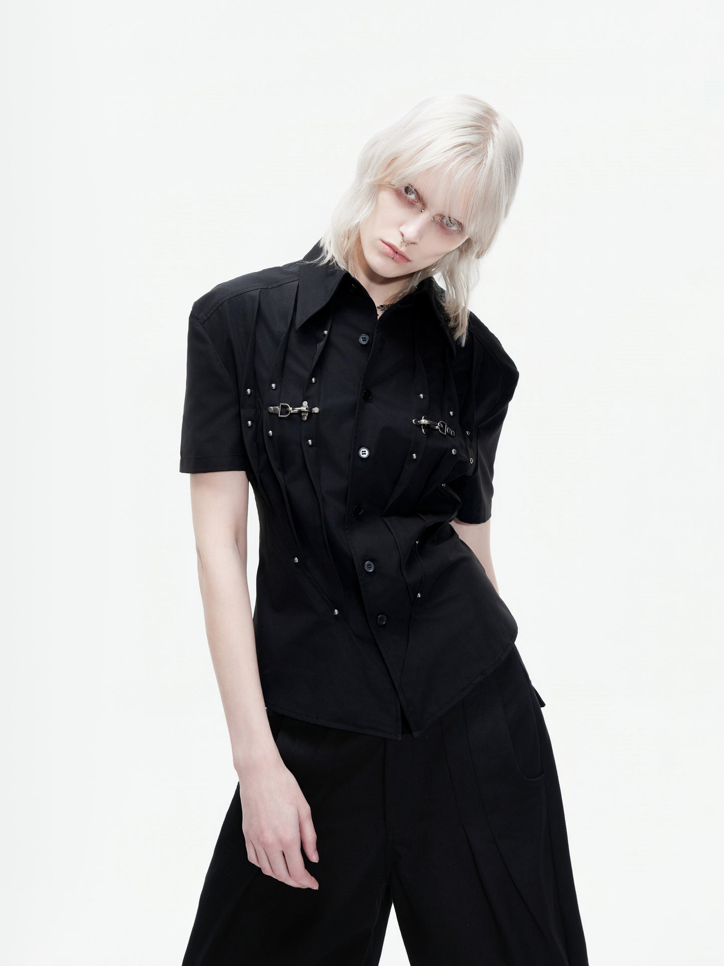 Pleats Cinched-Waist Shoulder-Pad Stud Short Sleeve Shirt WN27000