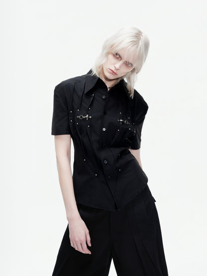 Pleats Cinched-Waist Shoulder-Pad Stud Short Sleeve Shirt WN27000