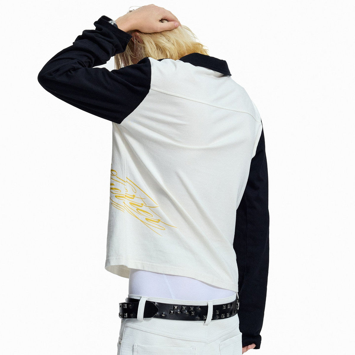 Embroidery Print Cropped Long Sleeve Polo Shirt WN27454