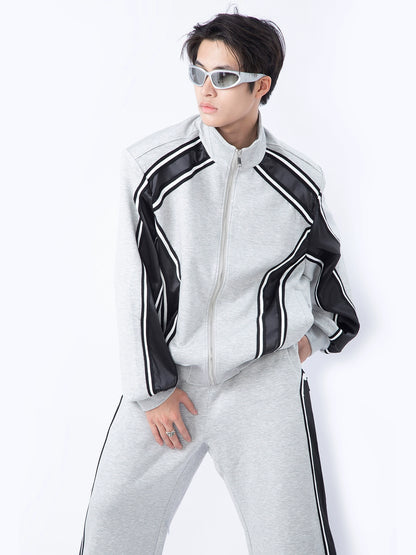 Contrast Color Oversize Zipper Jacket & Sporty Sweatpatns Setup WN9367