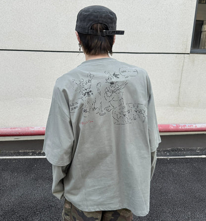 Fake Layered Back Graffiti Print Oversize Long Sleeve T-Shirt WN21154